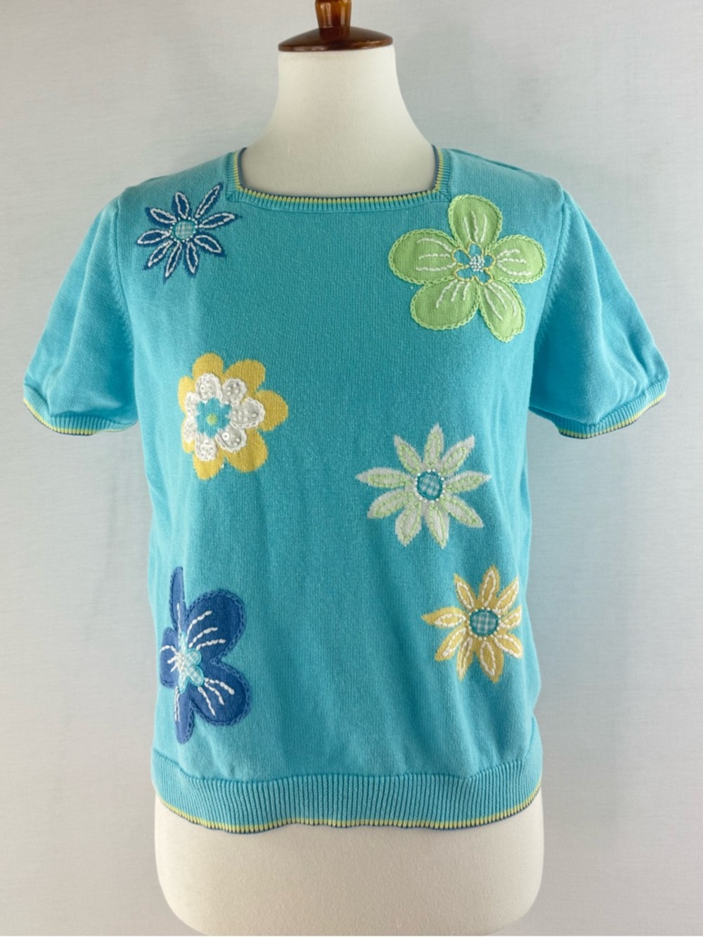 Alfred Dunner Aqua Floral Applique Embroidered Short-Sleeve Knit Top